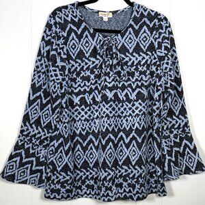 One World Eyelash Knit Blue Bell Long Sleeve Pullover Lace-Up Y-Neck Sweater XL